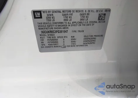 2015 Chevrolet Silverado 1500 2Lt z USA, uszkodzony, nr VIN 3GCUKREC3FG381947